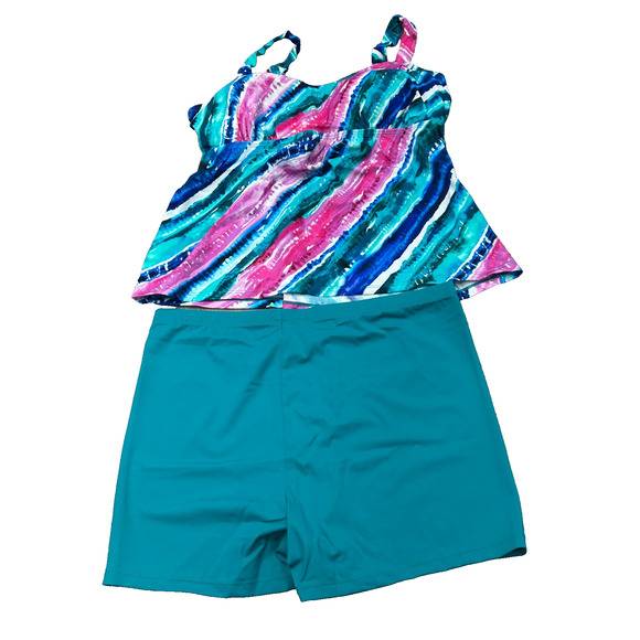 Kim Gravel x Swimsuit Womens Blue Rainbow Stripe Padded Tankini Shorts Size 14 - Picture 2 of 11